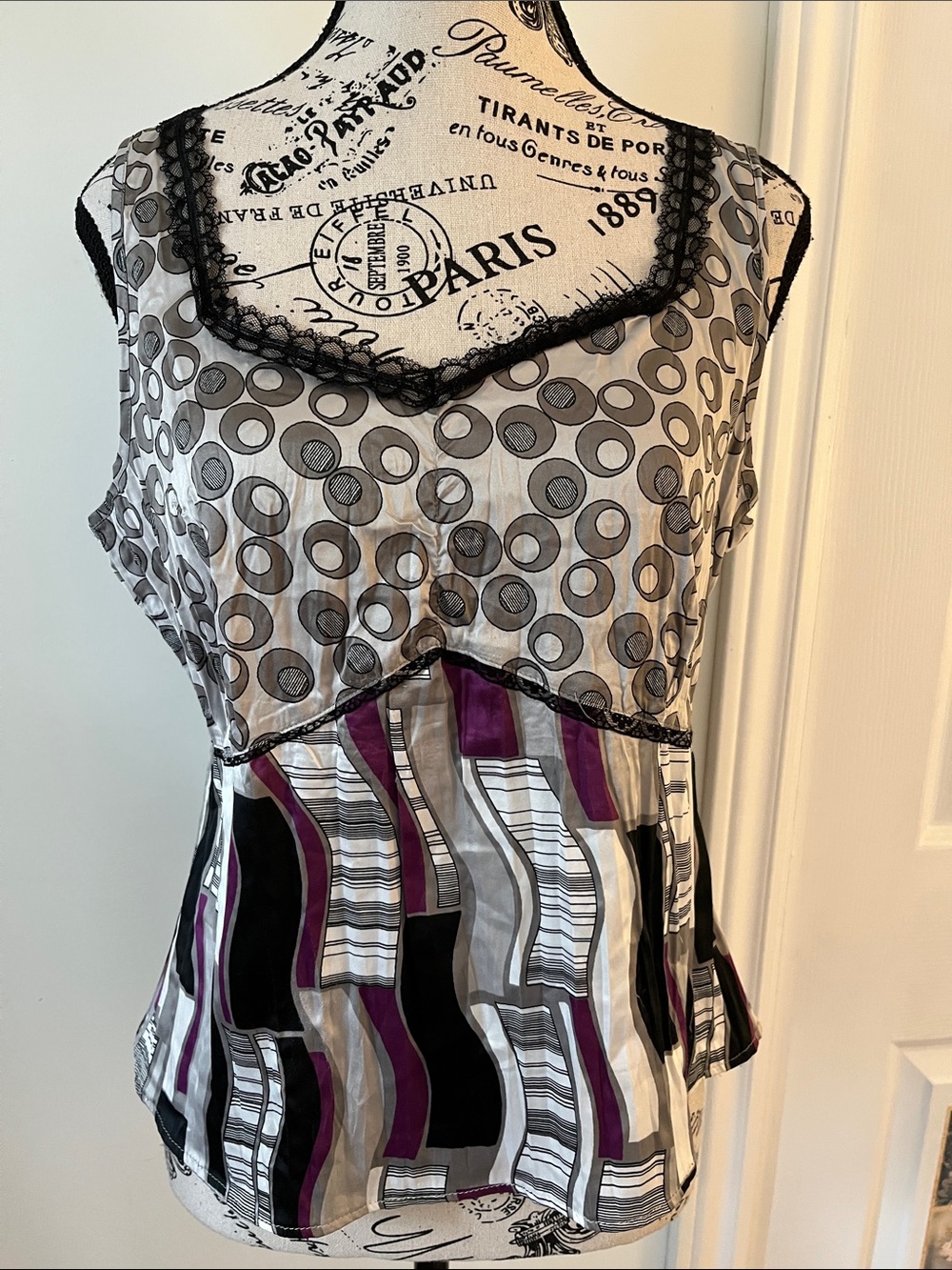 💗Women's Mixed-Print Lace-Trim Camisole in Gray, Black & Purple